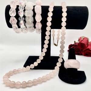 VTG Rose & Rock Quartz Necklace Bracelets Ring Coordinating Set Healing Romance